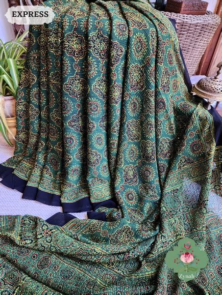 Shop the Glamorous Green Georgette Silk Ajrakh Saree with Sequin Work ...