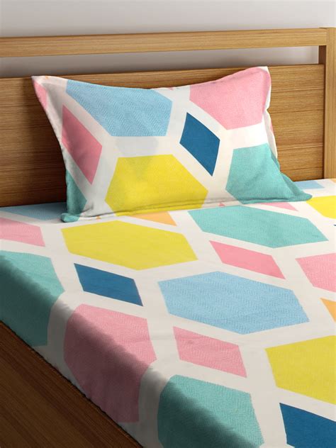 KLOTTHE Multi Polycotton Geometric BedSheet With 1 Pillow Cover (225X1 ...