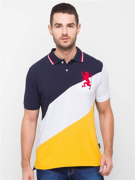 GIORDANO Men Blue & Yellow Colourblocked Polo Collar Slim Fit Cotton T ...