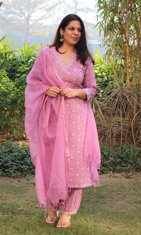 Cotton Handblock Onion Kurta and Afghani Pants with Kota Doria Dupatta ...