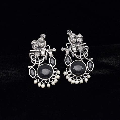 Black Color Lord Radha Krishna Monalisa Stone Oxidised Earrings ...