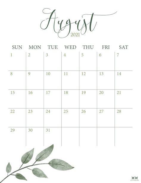 August 2021 Calendars - 15 Free Printables | Printabulls
