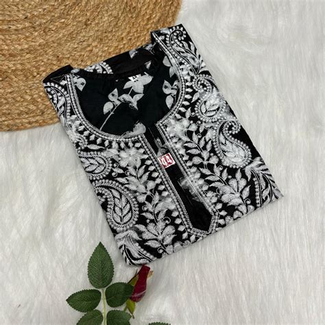 Mulmul Cotton Chikankari Machine Work Kurti -Black Colour – Chikankaar