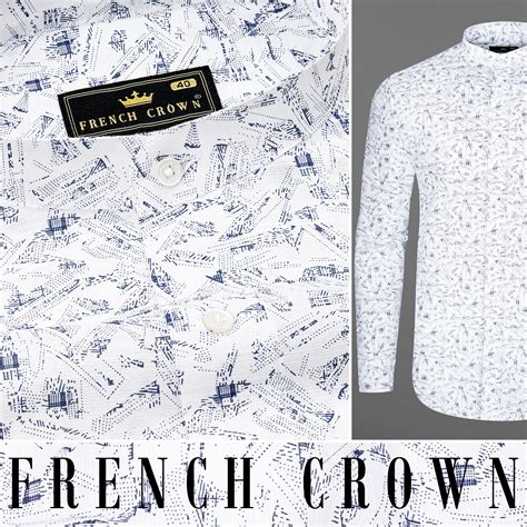 Bright White With Thunder Navy Blue Casual Prints Premium Linen Shirt ...