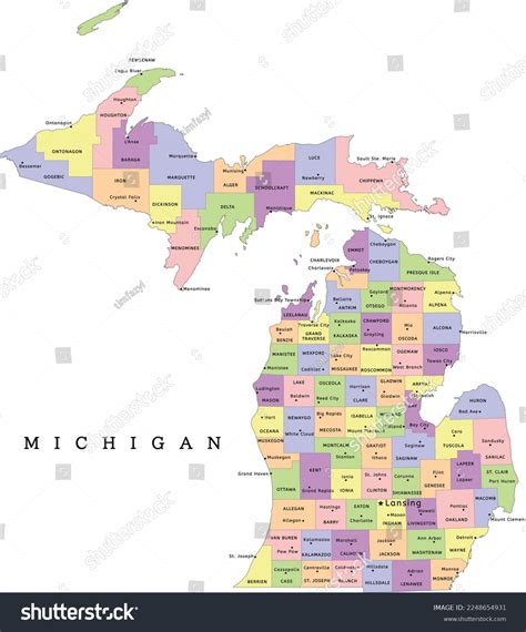 Michigan State Administrative Map Counties Seats Stock Vector (Royalty ...