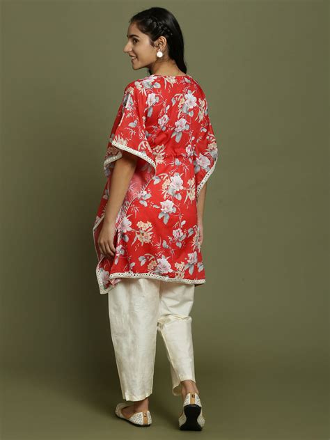 Yuva By VASTRAMAY Girls Red Floral Printed Kaftan Kurta With Cream Pan ...