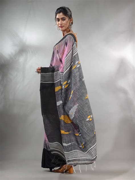 Pink Cotton Handspun Handwoven Saree With Ikkat Design – Charukriti