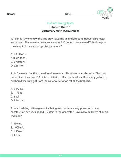 Fillable Online Get Into Energy Math Student Quiz 13 Customary Metric ...