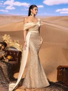 Luxurious Off-Shoulder Sequin Gown With Asymmetrical Draped & Mermaid ...