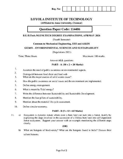GE3451 Environmental Sciences & Sustainability Exam Paper - 2026 - Studocu