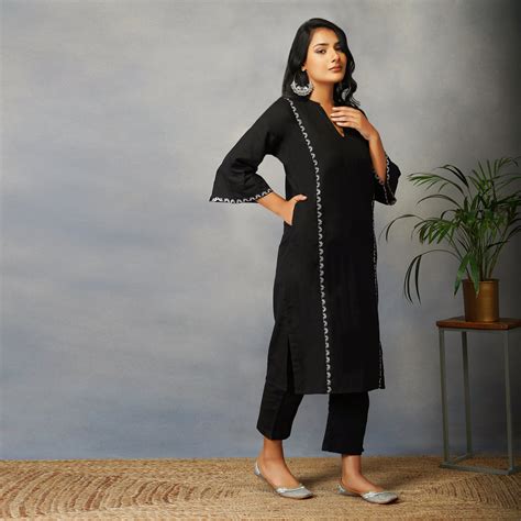Black Phiran Style Kurta with Zari Embroidery Set with Pants (set of 2 ...