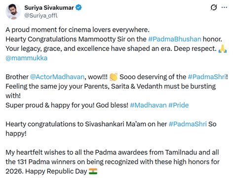 Suriya Congratulates Mammootty, R Madhavan For Receiving Padma Honors ...