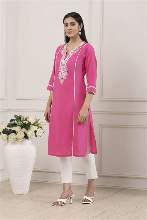 Buy Pink Cotton Yoke Embroidered Straight Kurta Online at Biba India
