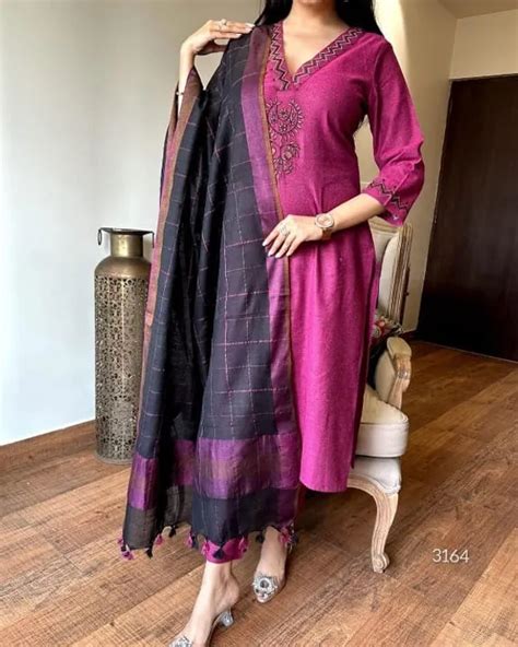 Urban India Handloom Cotton Embroidered Kurta With Pant & Dupatta Set ...