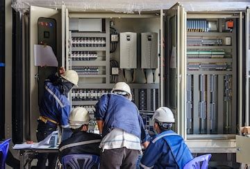 Engineer working on checking and maintenance equipment at wiring on plc ...