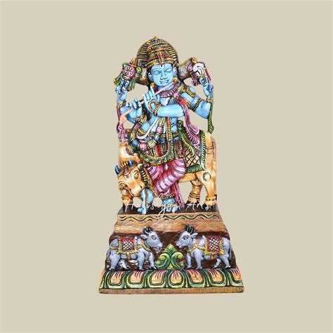 36" Decorative Wooden Krishna Murti, Protector of Cows, Multicoloured
