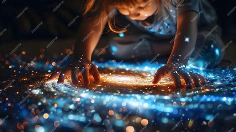 Premium Photo | A child creates a sparkling galaxy with glitter on the ...