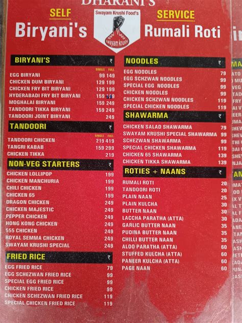 Menu at Dharani's Swayam krushi foods, Kakinada