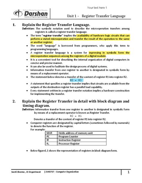 COA 2140707 E-Notes: Unit 1 - Register Transfer Language Overview - Studocu