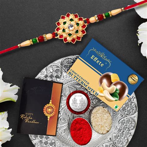 Flower Rakhi Combo with Choco Butterscotch & Pooja Thali ...