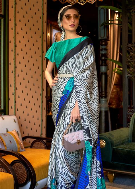 Buy Edward White and Blue Printed Satin Silk Saree Online - MySilkLove