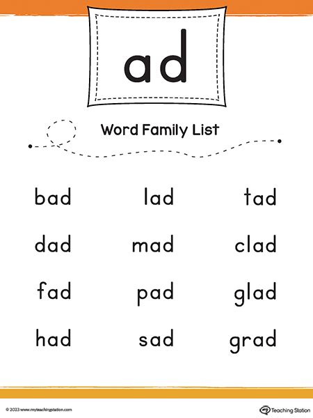 AD Word Family List Printable PDF | MyTeachingStation.com