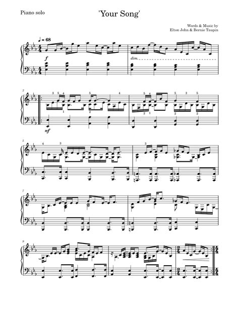 'Your Song' Piano Sheet music for Piano | Download free in PDF or MIDI ...