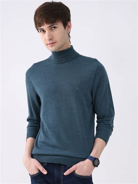 Buy Luxuria Men Teal Blue Solid High Neck Full Sleeve Pullover Online ...