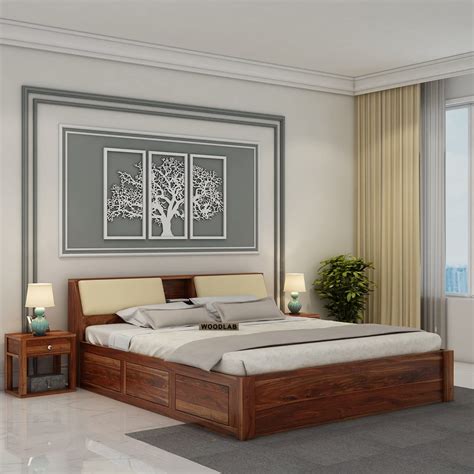 WOODLAB Furniture Solid Sheesham Wood Queen Size Bed with Box and ...