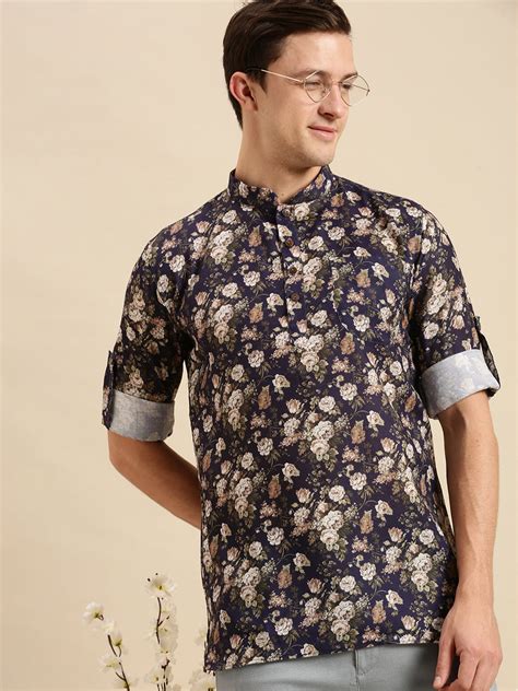 Sanwara Men Printed Cotton Rolled Up Sleeves Short Kurta – Sanwara Fashions
