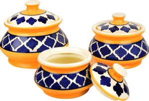 StyleMyWay Hand Painted Ceramic Handi Set with Lid (Set of 3, Blue ...