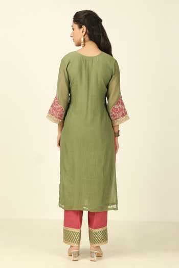 Buy Green Chanderi, Cotton Embroidery, Lace Collared Pleated Front ...