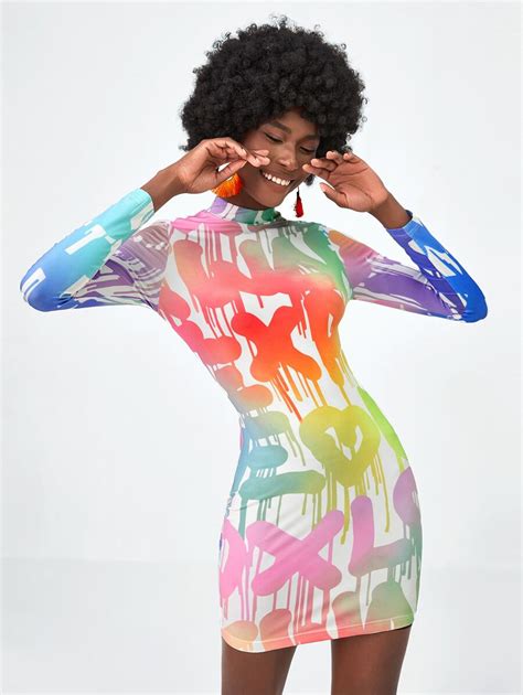 Cute but Psycho Letter & Heart Print Mock Neck Bodycon Dress | SHEIN USA