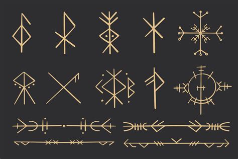 Set golden nordic celtic runes borders, norse protection symbols line ...