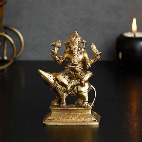 Lord Ganesha sitting on Mushak Brass Handcrafted Idol - eCraftIndia Online