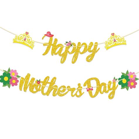 Festiko® Happy Mother's Day Banner With Crown (Gold Glitter), Mother's ...