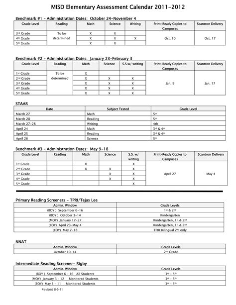 Elementary assessment calendar 2011 2012 | DOCX
