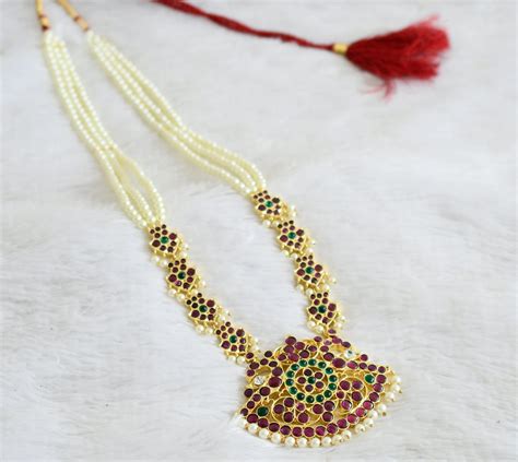 Gold tone semi precious kemp-green-white pearl beaded peacock haar dj ...