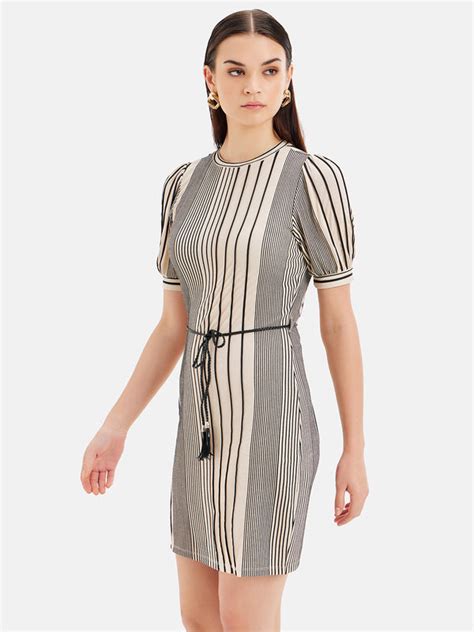 Stretchable Striped Mini Dress - Jersey Fabric | Beige Mini Dresses – KAZO