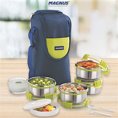 Buy Magnus Aura 4-Piece Stainless Steel Lunch Box Set with Tiffin Bags ...