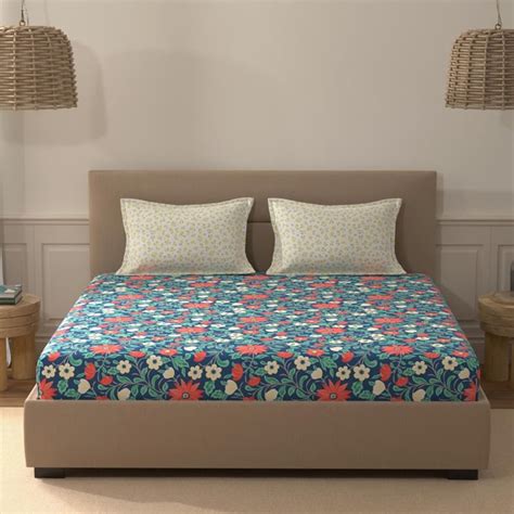 Buy PORTICO Morning Glory Cotton 140TC Printed 3Pcs Queen Bedsheet Set ...