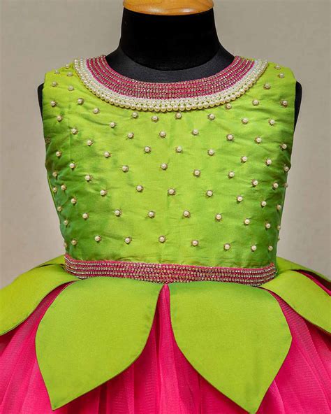 Light Parrot Green And Pink Lotus Design Gown | Designer Gown – www ...