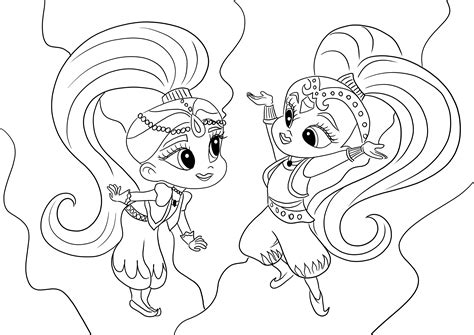 Shimmer and Shine are dancing and happy to be printed and colored for free