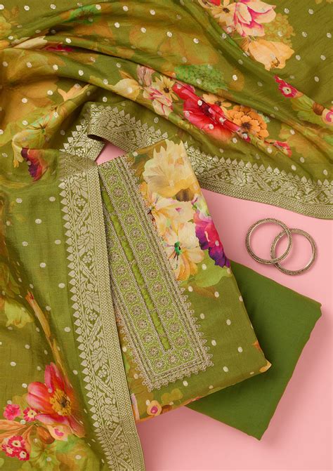 Buy Parrot Green Zariwork Dola Silk Unstitched Salwar Suit - Koskii
