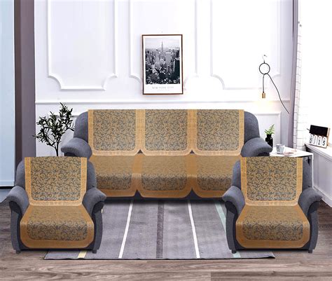 Kuber Industries Leaf Design 5 Seater Cotton Sofa Cover Set (Golden ...