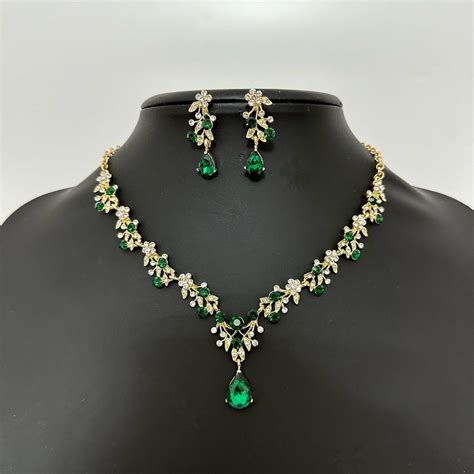 Emerald Green Crystal Jewelry Set, Gold Bridal Necklace Earrings Set ...