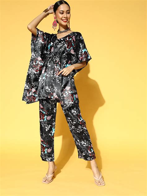 Women Black Floral Printed Kaftan Kurta with Trousers – Panit X Cherry ...