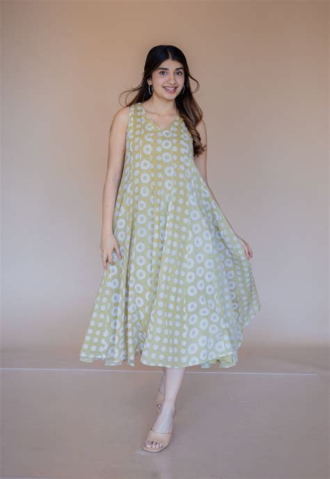 Seher Green Batik MulMul Kali Dress with Slip
