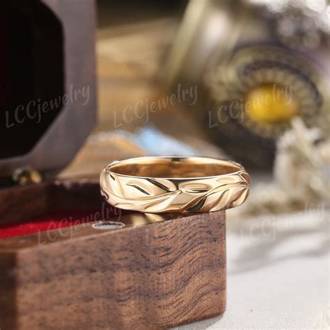 Vintage Leaf Design Wedding Band Mens Yellow Gold Nature Inspired ...