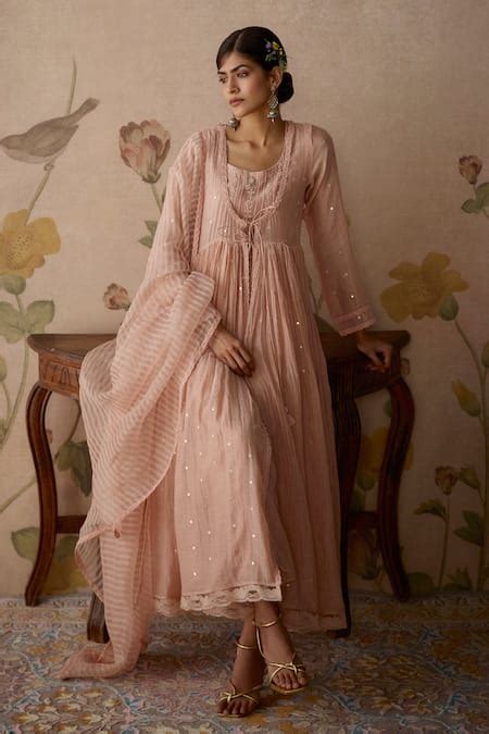 Buy Pink Chanderi Embroidered Bead Inner Kurta U Neck Hand Jacket ...